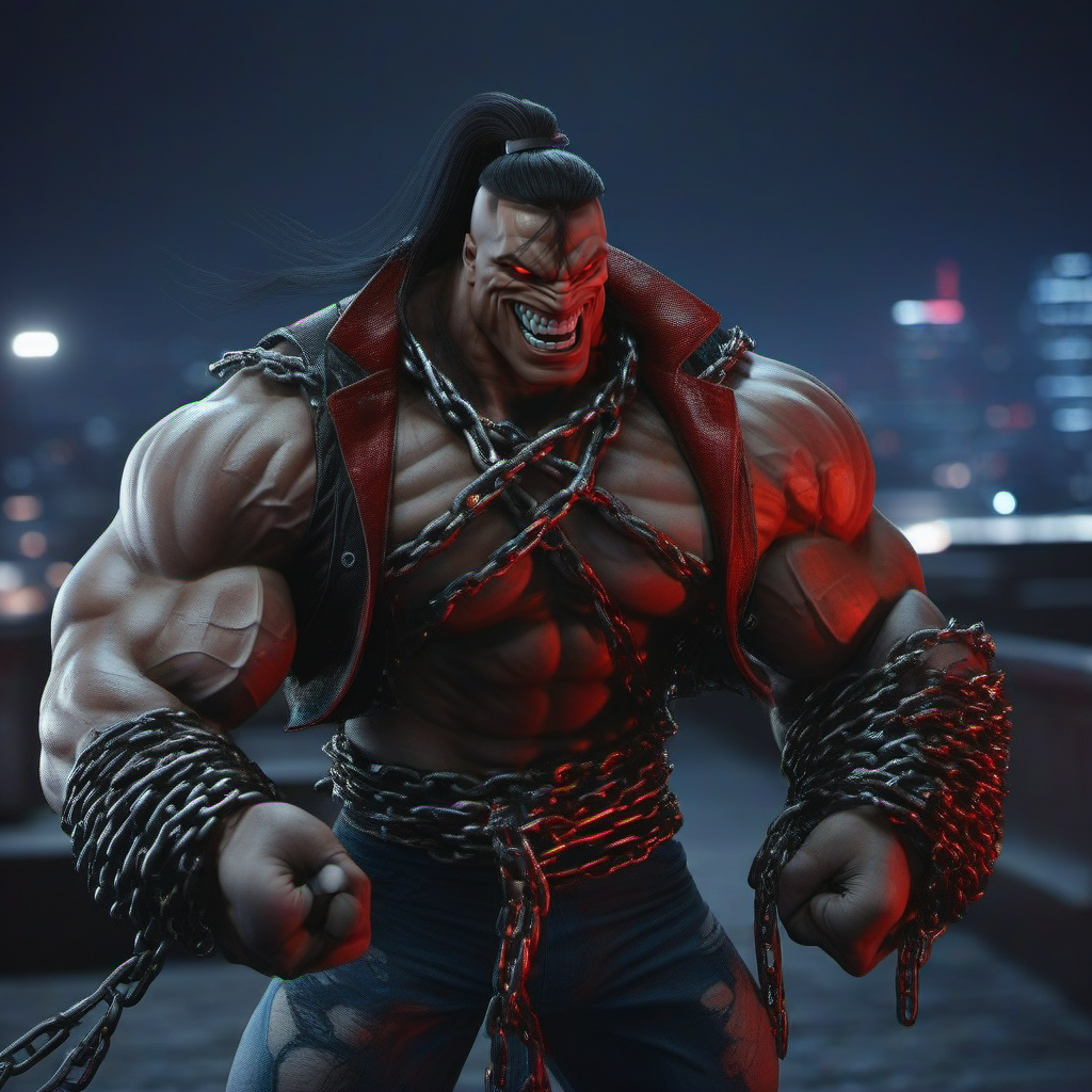 cinematic photo a muscular man, veins, chains, red eyes, pony tail, black hair, claws, night city lights background <lora:Pitt1024:0.8> . 35mm photograph, film, bokeh, professional, 4k, highly detailed