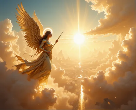 Masterpiece, 4k, epic, breeze, celestium, fantasy, angel with wings and halo and golden spear flying threw the clouds, sun, sun rays, particles, motion effect, sense of speed, side view, dutch angle
 <lora:artilands:0.8> <lora:Celestium:0.9>