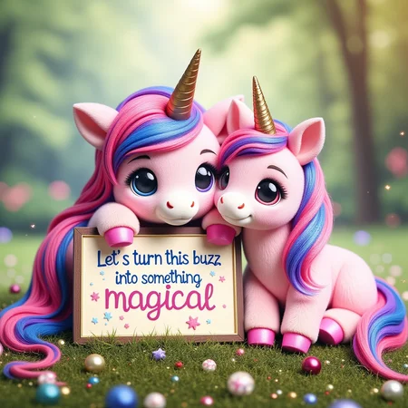 small zhibi, cute, A cute colorful unicorn leaning aginst a sign that says "Let's turn this buzz into something magical." ((best quality)), ((masterpiece)), ((realistic)), (detailed),