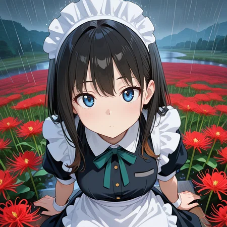 <lora:IL_lycoris_spider_lily:1>,lycoris/(flower/),1girl,solo,upper body,no mouth,disheveled hair,looking at viewer,rain,sitting,arm support,from above,flower field,maid headdress,waist apron,maid,, masterpiece,amazing quality,best quality,ultra-detailed,8K,illustration,CG,shiny hair,clear skin,ultra-detailed-eyes,ultra-detailed-background,