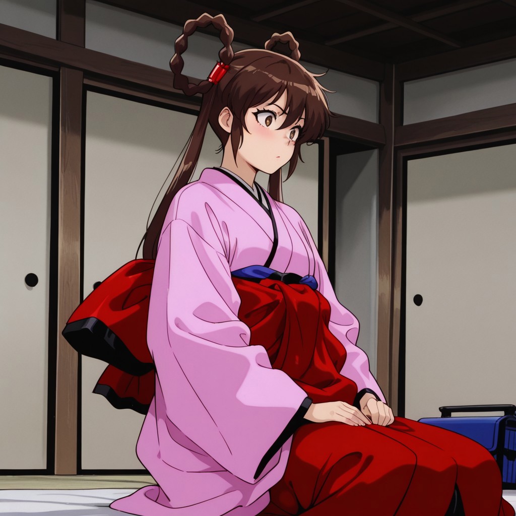 masterpiece, best quality, amazing quality,YohkoManoil, human, female, brown hair, hair rings, twintails, long hair, brown eyes, hair ornaments, pink kimono, red bow, blue pouch, inside, sitting