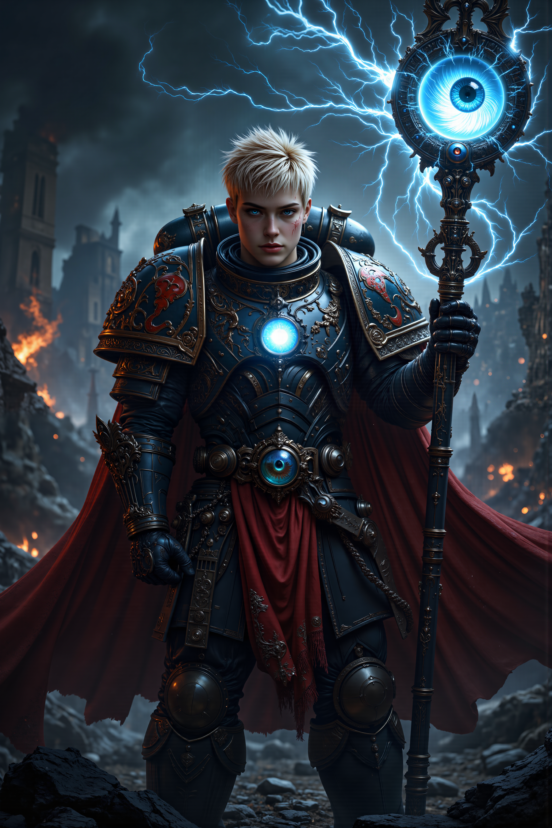A hyper-realistic portrait, photorealistic photo close-up image of  A close-up portrait of a young male Space Marine Librarian with short, spiked blond hair and fair, battle-scarred skin. Heâs standing in the middle of a ruined battlefield, holding a glowing, blue psychic staff topped with a strange, floating eye that constantly shifts and blinks. His dark red power armor is etched with arcane symbols and wards, and a long, flowing cape of deep red fabric flutters in the wind behind him. A strange, blue halo of psychic energy hovers above his head, crackling with power as he channels his psychic might through the staff. The battlefield around him is a desolate wasteland, littered with the debris of war and shrouded in a thick, acrid smoke. His piercing blue eyes are focused on the staffâs eye, his expression one of intense concentration as he communes with the strange artifact. The eye on the staff glows with a deep, otherworldly light, reflecting the Librarianâs power and determination. The ground beneath him trembles slightly, as if reacting to the psychic energy he is unleashing, and the air around him crackles with raw, untamed power. (photography, high-resolution, dynamic, energetic,hyper-realistic, dramatic lighting, shallow depth of field.), detailmaximizer, MythP0rt<lora:midjourney_whisper_flux_lora_v01:0.55><lora:aidmaMJ6.1-FLUX-V0.1:0.4><lora:FluxMythP0rtr4itStyle:0.4><lora:detailed_flux_ntc:2.2><lora:aidmaImageUpgrader-FLUX-V0.1:0.65>