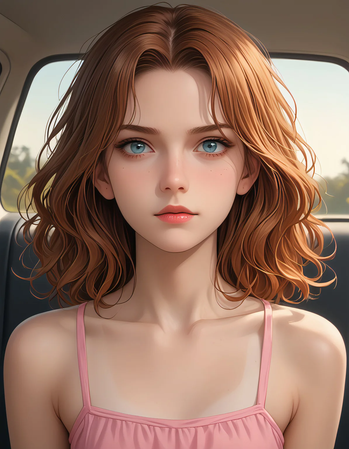 score_9_up, score_9, score_8_up, score_7_up, rating_explicit, photograph of a young 18yo young woman selphie in the car, taken in a soft, natural light, which accentuates the smoothness and clarity of her skin. Her gaze locks onto the viewer, her eyes burning with an inner intensity that threatens to consume.. Her eyelids are slightly wrinkled, adding a touch of naturalness to the image. She has long wavy blond hair with some strands framing her face and others falling over her forehead, creating a sense of intimacy and vulnerability.
The girl has a medium skin tone, which appears to be slightly tanned, giving her a healthy glow. Her lips are naturally pink, with a soft, slightly glossy texture, suggesting a natural lip balm or moisturizer. The overall mood of the photograph is calm and introspective, highlighted by the gentle lighting and the serene expression on her face. The texture of her hair is soft and smooth, with individual strands visible, adding to the natural, unedited feel of the photograph. The image captures a moment of tranquility and introspection, emphasizing the beauty and simplicity of the human face.
<, 1girl, perfectly flat chest, tiny perky tits
