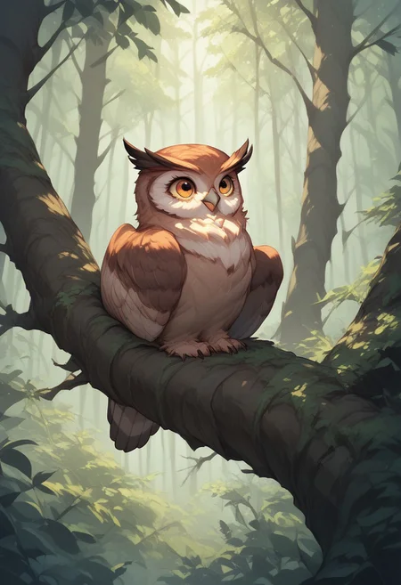 fl00ffymadn3ss, score_9, score_8_up, score_7_up, masterpiece, best quality, absurdres, vibrant, highly detailed, a cute pygmy owl, perched on tree branch, forest