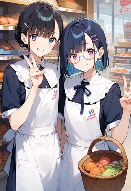 score_9, score_8_up, score_7_up, rating_safe, masterpiece, best quality, absurdres, unity 8k wallpaper, official art, official style, source_anime, uncensored, game cg, megami magazine,
2girls, glasses, vfu, black dress, employee uniform, v, shop, indoors, short sleeves, black hair, food, basket, collared dress, white apron, hand up, shelf, upper body, double v, happy, smile, looking at viewer, blue triangular bandage
<lora:VFU_PONY_V1:1>