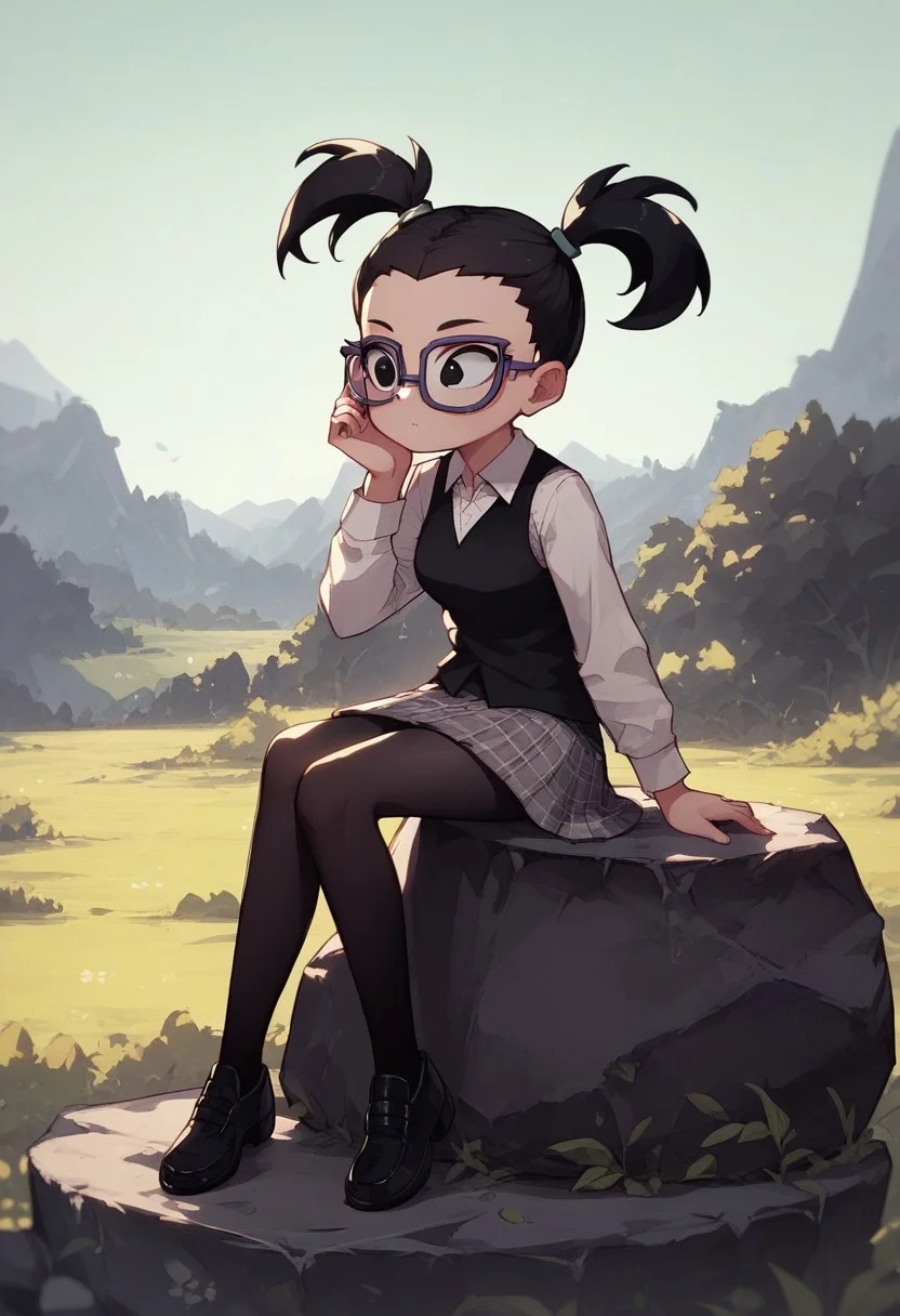 Score_9, score_8_up, Tootie, 1girl, solo, black hair, twintails, black eyes, glasses, white collared shirt, black vest, plaid skirt, black pantyhose, <lora:Tootie_FOP_PXL_Leaf2:1>, sitting on rock, outdoors, black footwear,