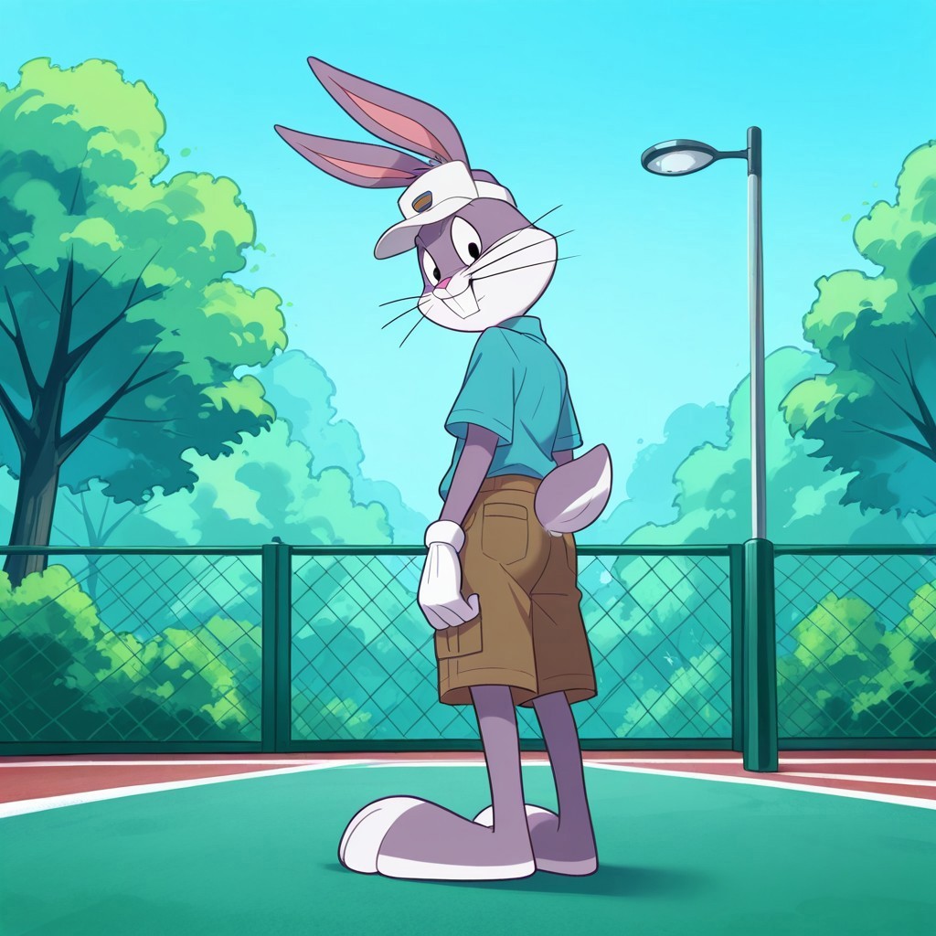 safe_pos, safe_pos, safe_pos, safe_pos, safe_pos, artwork, digital artwork, colorful source_e621, score_9, score_8_up, score_7_up, score_6_up, score_5_up, score_4_up, solo, bugs bunny, rabbit, rabbit boy, male, rabbit tail, rabbit ears, buck teeth, whiskers, black eyes, white sclera, 1boy, furry, fullbody, low view, from behind, looking back, looking overshoulder, overshoulder, looking at viewer, looking down, butt, tennis outfit, cargo shorts, detailed, detailed background, outdoors, outside, park, clothed, clothed, excellent detail, perfect detail, perfect eyes, perfect face, perfect mouth, perfect teeth, animal, natural lighting, hat, standing, 