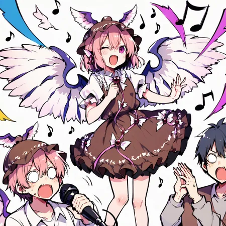 score_9, score_8_up, score_7_up, masterpiece, best quality, detailed, perfect, perfection, vibrant, gorgeous, 
BREAK
mystia, wings, brown headwear, short hair, hat, animal ears, puffy sleeves, dress, pink hair, brown dress, cowboy shot, frills, pink eyes, juliet sleeves, jewelry, shirt, winged hat, bangs, hair between eyes, white wings, white shirt, bird wings, feathered wings, earring, frolled dress, frilled sleeves, 
BREAK
bad singing,crowd,happy,grimace,(hands on own ears:1.2),music,noisy musical note, multiple boys,screaming,closed eyes,blank eyes,holding microphone,
