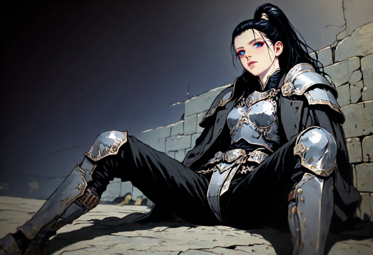 m4gicall1nes, hassaku_illu,sinozick_illu,in the style of cksc,, masterpiece,  depth of field, best quality, amazing quality, very aesthetic,very awa,
1girl, solo, sexy, cute, nordic facial features, 20 years old, 
heavy armor, metal armor, engraved armor, black hair, long hair, high ponytail, wind effect in hair, navy blue armor, dark grey armor, archaic armor design, massive armor, look at viewer, bright blue eyes, glowign eyes, athletic, thicc,
black uniform over shoulders, military coat design, strict coat,
sits on the broken fundament,leans back against brick wall, spread legs, manly pose, leans on knees, broken sword in the ground, 
hi-tech with fantasy, futurism in magic world, cyberpunk style with warhammer influence, 
dutch angle, epic angle shot, wallpaper, from below, from side,
simple background, dark background, ruined cityscape, fantasy background,
(detailed outfit:1.4), (seamless:1.3), 
dark fantasy, dark dramatic palette, dim lit, contrast lit, shade, dappled moonlight, 
<lora:ck-shadow-circuit-IL:0.6> <lora:illustriousXLv01_stabilizer_v1.121:0.3> <lora:iLLMythM4gicalL1nes:0.35> <lora:HassaKu_style:0.4> <lora:Sinozick_style:0.15>
