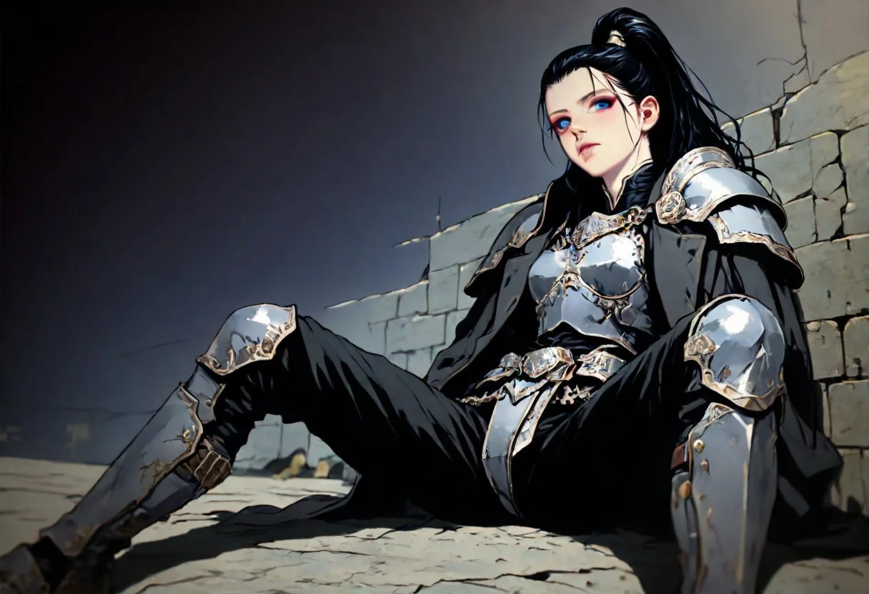m4gicall1nes, hassaku_illu,sinozick_illu,in the style of cksc,, masterpiece,  depth of field, best quality, amazing quality, very aesthetic,very awa,
1girl, solo, sexy, cute, nordic facial features, 20 years old, 
heavy armor, metal armor, engraved armor, black hair, long hair, high ponytail, wind effect in hair, navy blue armor, dark grey armor, archaic armor design, massive armor, look at viewer, bright blue eyes, glowign eyes, athletic, thicc,
black uniform over shoulders, military coat design, strict coat,
sits on the broken fundament,leans back against brick wall, spread legs, manly pose, leans on knees, broken sword in the ground, 
hi-tech with fantasy, futurism in magic world, cyberpunk style with warhammer influence, 
dutch angle, epic angle shot, wallpaper, from below, from side,
simple background, dark background, ruined cityscape, fantasy background,
(detailed outfit:1.4), (seamless:1.3), 
dark fantasy, dark dramatic palette, dim lit, contrast lit, shade, dappled moonlight, 
<lora:ck-shadow-circuit-IL:0.6> <lora:illustriousXLv01_stabilizer_v1.121:0.3> <lora:iLLMythM4gicalL1nes:0.35> <lora:HassaKu_style:0.4> <lora:Sinozick_style:0.15>