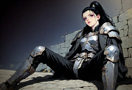 m4gicall1nes, hassaku_illu,sinozick_illu,in the style of cksc,, masterpiece, depth of field, best quality, amazing quality, very aesthetic,very awa,
1girl, solo, sexy, cute, nordic facial features, 20 years old,
heavy armor, metal armor, engraved armor, black hair, long hair, high ponytail, wind effect in hair, navy blue armor, dark grey armor, archaic armor design, massive armor, look at viewer, bright blue eyes, glowign eyes, athletic, thicc,
black uniform over shoulders, military coat design, strict coat,
sits on the broken fundament,leans back against brick wall, spread legs, manly pose, leans on knees, broken sword in the ground,
hi-tech with fantasy, futurism in magic world, cyberpunk style with warhammer influence,
dutch angle, epic angle shot, wallpaper, from below, from side,
simple background, dark background, ruined cityscape, fantasy background,
(detailed outfit:1.4), (seamless:1.3),
dark fantasy, dark dramatic palette, dim lit, contrast lit, shade, dappled moonlight,
<lora:ck-shadow-circuit-IL:0.6> <lora:illustriousXLv01_stabilizer_v1.121:0.3> <lora:iLLMythM4gicalL1nes:0.35> <lora:HassaKu_style:0.4> <lora:Sinozick_style:0.15>