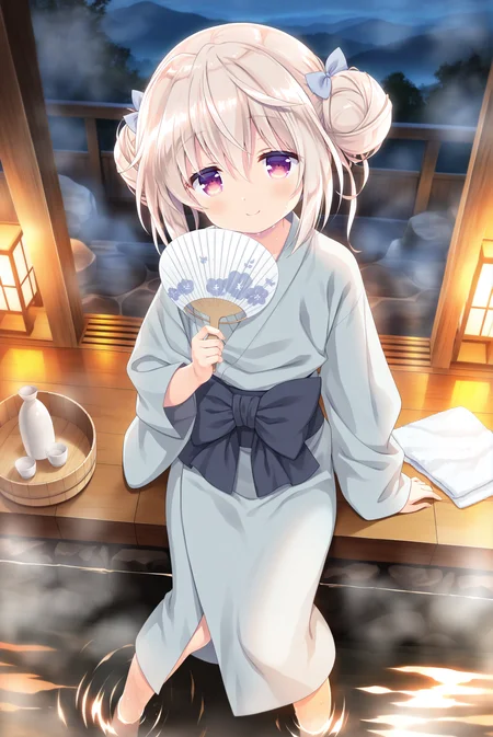 masterpiece,best quality,amazing quality,highres,scenery,newest,1girl,official style,shirobana,bangs,long hair,hair between eyes,red eyes,purple eyes,hirobana kimono, double bun, kimono, hair bun, japanese clothes, hair between eyes, bow, bangs, wide sleeves, blue bow, long sleeves, blue kimono, hair bow, light brown hair, grey kimono, sash, black bow, obi,<lora:baojianshi-shiribana-V3.2:1>ï¼indoors,onsen,foot bath,fan,fog,smile,night,from above,holding fan,towel,foot out of frame,