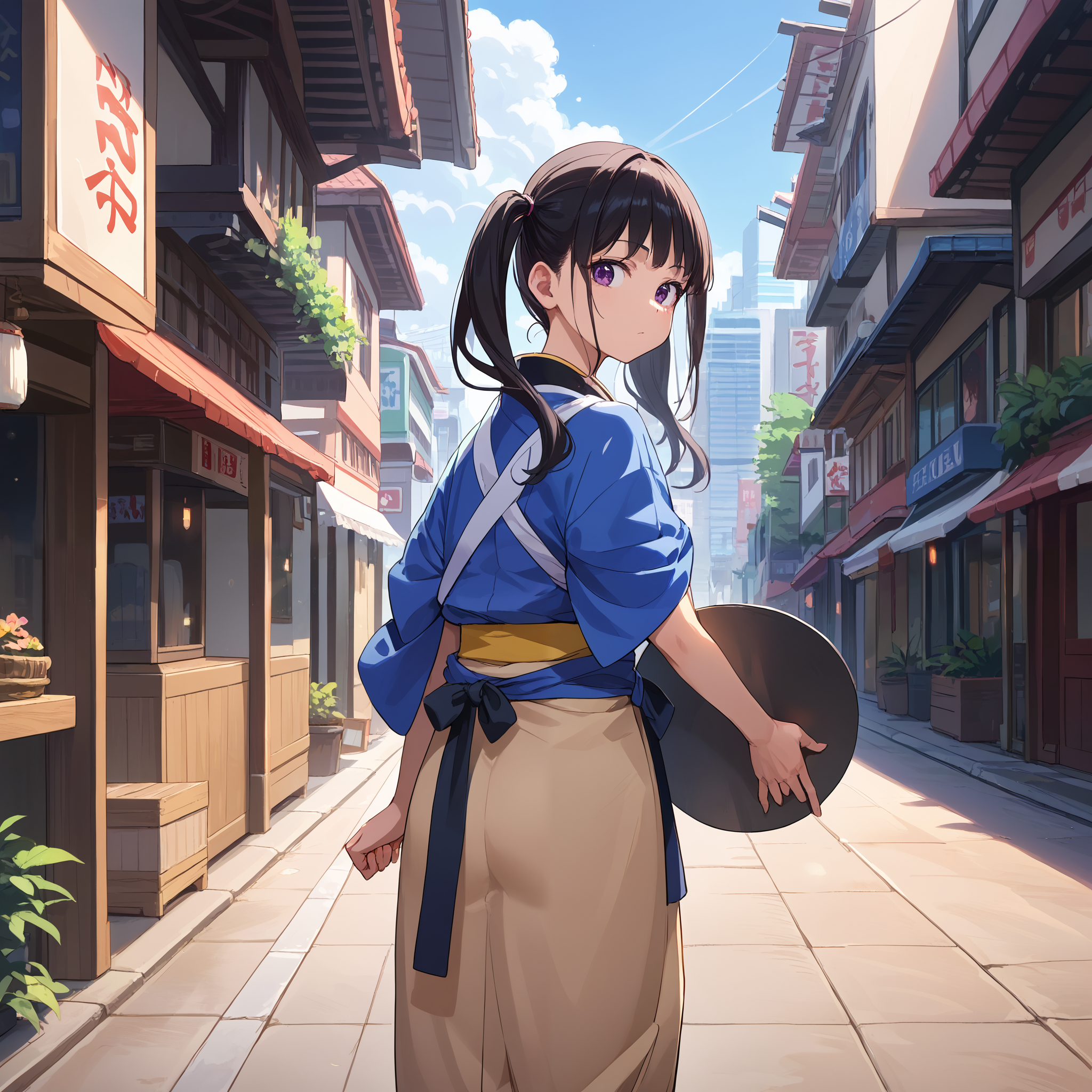 score_9, score_8_up, score_7_up, score_6_up, score_5_up, score_4_up, BREAK source_anime, look at viewer, rating_safe, 1girl, solo, outdoors, city, standing, from behind, holding tray, masterpiece, best quality, high detailed skin,  inoue takina, takina kimono, long hair, black hair, twintails, purple eyes, japanese clothes, blue kimono, tabi,