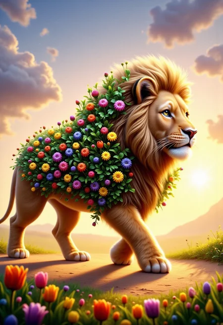 a majestic lion striding purposefully across the vast expanse of the African savanna. Golden sunlight bathes the landscape in a warm, inviting glow, while a soft, hazy sky stretches out infinitely above, painted in delicate tones of powder blue and lavender.
Now visualize the lion's silhouette becoming enveloped in a lush, verdant haze. As if transported magically from the jungle, a symphony of rich foliage fills the contours of the king of beasts' form. Graceful branches and leaves spill out from the edges of his muscular shoulders, draping down his flank like a mantle of emerald satin. Vines twist and coil around his powerful forelegs, while clusters of vibrant flowers bloom from the tufts of his ears and beard.
Despite this sudden eruption of plantlife, the lion moves with the same fluid ease and dignity as before. Each stride carries him calmly forward, hooves sinking softly into the sandy soil. His expression conveys a profound sense of peace and contentment, as if he were communing intimately with the very essence of the wilderness.
perspective, light and shadow, religious, mythological themes, magnificent, celestial, ethereal, moody, epic, majestic, magical, very aesthetic, rich details,
surreal, concept-art, fantasy, beautiful, painterly, detailed, textural, artistic, aesthetic, intricate details, highly detailed, vivid, volumetric lighting,