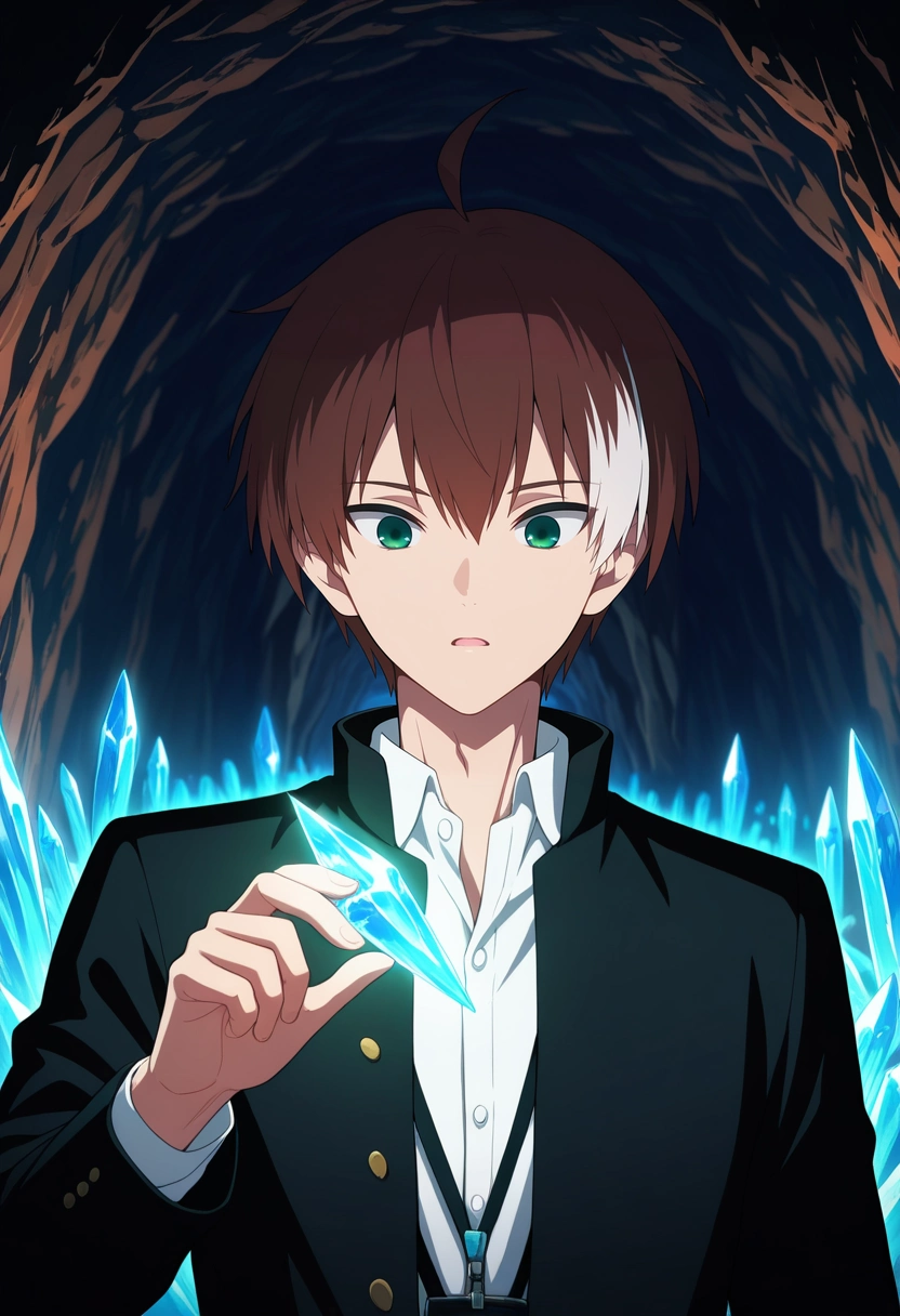 masterpiece, best quality, , (realistic:0.6),, 1boy, solo, male focus, <lora:akatsuki_iride_ilxl:0.96>, akatsuki_iride, brown hair, green eyes, short hair, ahoge, multicolored hair, two-tone hair, white hair, black jacket, white shirt, collared shirt, crystal cavern, glowing crystals, underground river, stalagmites, touching crystal, fascinated expression, cave lighting,