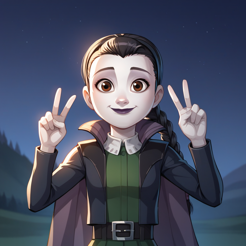 score_8_up, BREAK, AnnaSackville, 1girl, solo, black hair, braided ponytail, brown eyes, pale skin, lipstick, headband, dress, silver buckle,   open jacket, cropped jacket, short cape, cowboy shot, double v,  <lora:Anna_Sackville-Bagg_PXL_Leaf3:0.8>,  outdoors, night, smile, closed mouth,