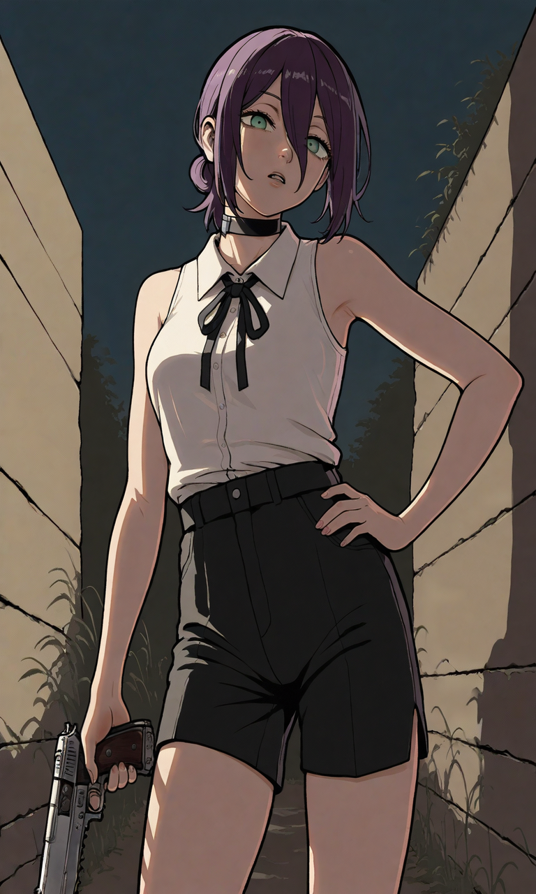 embedding:IllusP0s, GTASA-LS-ILV1.0, reze_\(chainsaw_man\), purple hair, green eyes, choker, sleeveless, white shirt, black ribbon, black shorts, contrast lighting, parted lips, outdoors, holding gun, handgun, night, one hand on hip,<lora:GTA_SA_Style_-_IL-000014.safetensors:1.0:1.0>