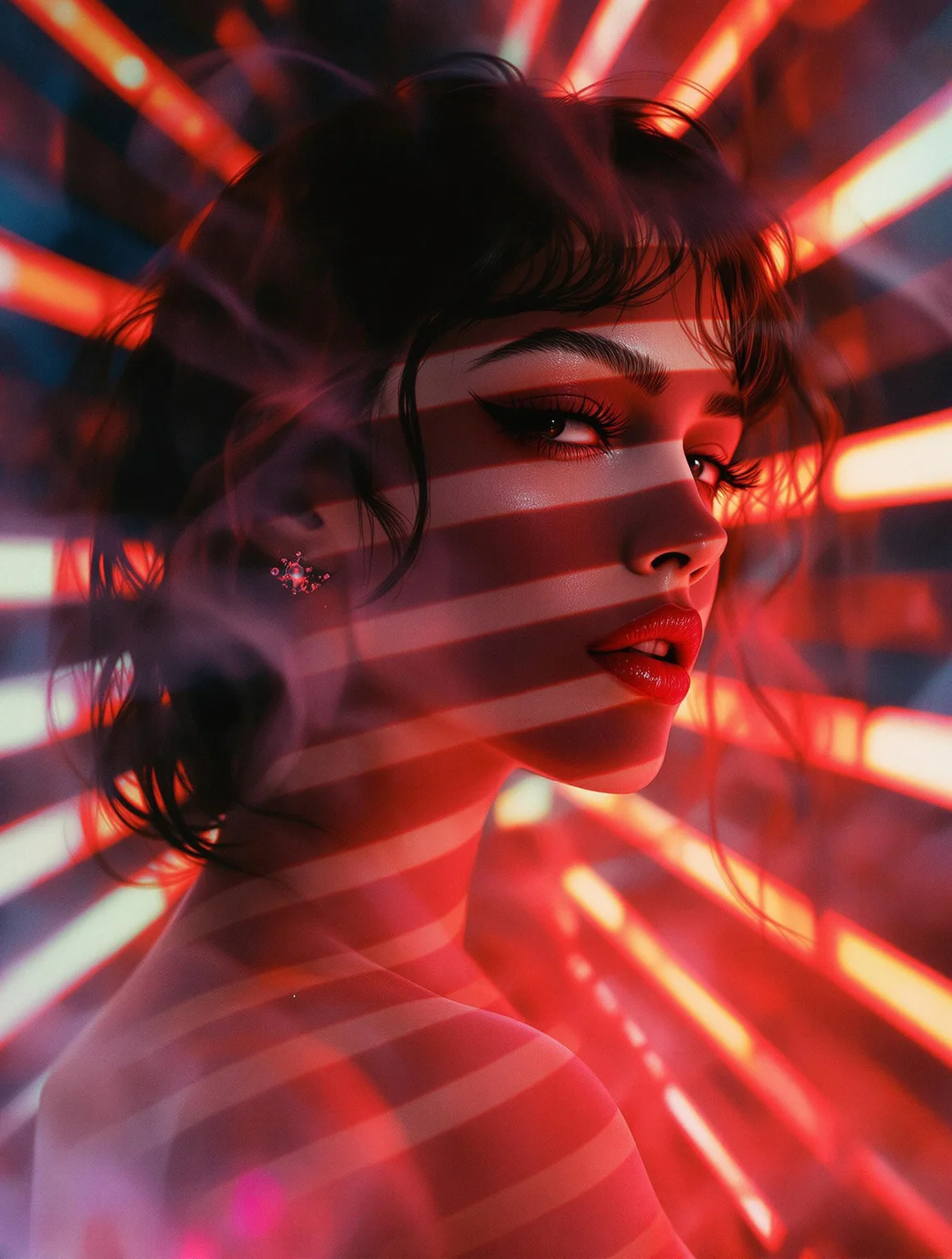 neo-noir ethereal portrait, chrome-kissed halides, venetian blind shadows, cigarette smoke tendrils, neon-rimmed silhouette, film grain texture dissolving into liquid silver, haunted glamour meeting urban decay –style raw 80