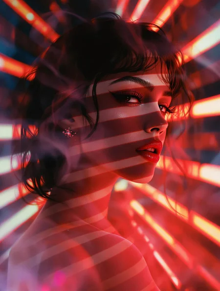 neo-noir ethereal portrait, chrome-kissed halides, venetian blind shadows, cigarette smoke tendrils, neon-rimmed silhouette, film grain texture dissolving into liquid silver, haunted glamour meeting urban decay –style raw 80