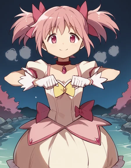 score_9, score_8_up, score_7_up, source_anime, <lora:madoka-kaname-s1-ponyxl-lora-nochekaiser:1>, madoka kaname, short hair, ribbon, twintails, hair ribbon, pink hair, pink eyes, short twintails,, skirt, gloves, dress, bow, choker, puffy sleeves, white gloves, magical girl, bubble skirt,, geyser, steam, water, hot spring, eruption, smile, <lora:mochi-mochi-ponyxl-lora-nochekaiser:1>, mochi mochi dance, clenched hands, hands up,, looking at viewer, solo,, dutch angle, cowboy shot