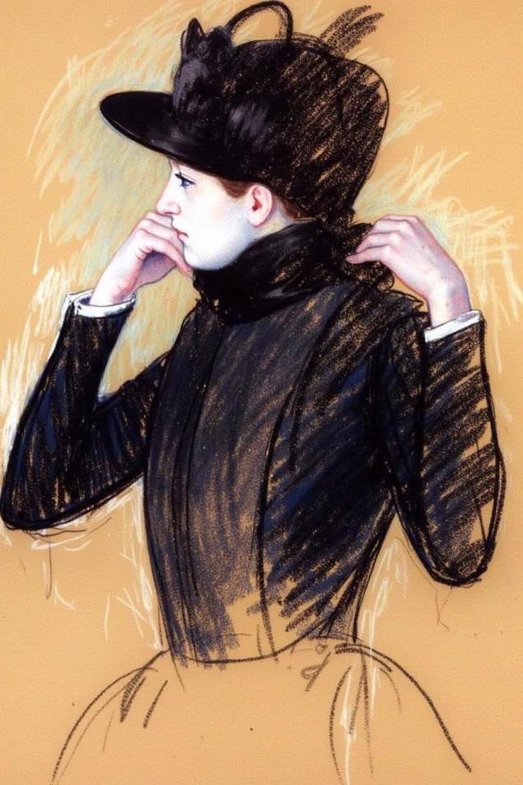 marycassatt2 drawing.
A woman is depicted from the shoulders up with a focus on her upper body and head. She is dressed in a dark, high-necked dress, which is rendered with subtle shading to suggest texture. She is wearing a black hat. Her hands are adjusting her scarf. <lora:marycassatt2_cap_d6a3:1.0><lora:840647339174722771:0>