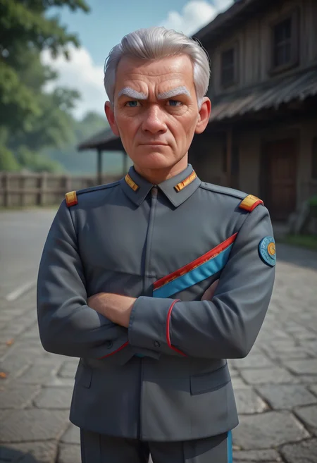 score_9, score_8_up, score_7_up, (best quality:1.1), ultra-detailed, high resolution, 8k, Commander, white hair, middle aged, serious, gray military uniform, Arms crossed, black pants, military base, BREAK outside, Rich, Detailed background, ambient light