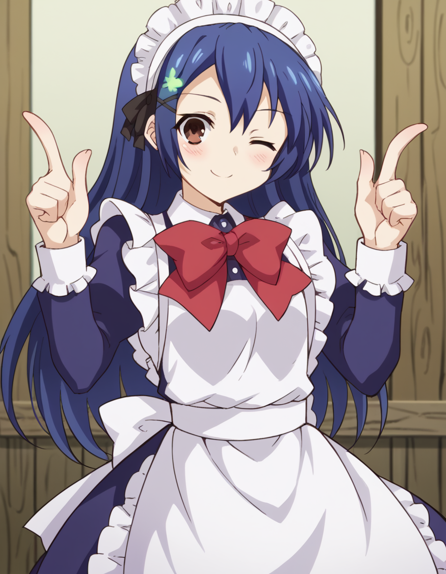 score_9, score_8_up, score_7_up, source_anime, <lora:shiori-itsuka-s2-ponyxl-lora-nochekaiser:1>, shiori itsuka, long hair, hair ornament, brown eyes, blue hair, hairclip, otoko no ko,, long sleeves, dress, bow, frills, bowtie, apron, red bow, maid, maid headdress, crossdressing, enmaided, shack, small, wood, old, rural, smile, <lora:double-finger-gun-ponyxl-lora-nochekaiser:1>, double finger gun,, blush, smile, one eye closed, from side, looking at viewer, solo,, dutch angle, cowboy shot