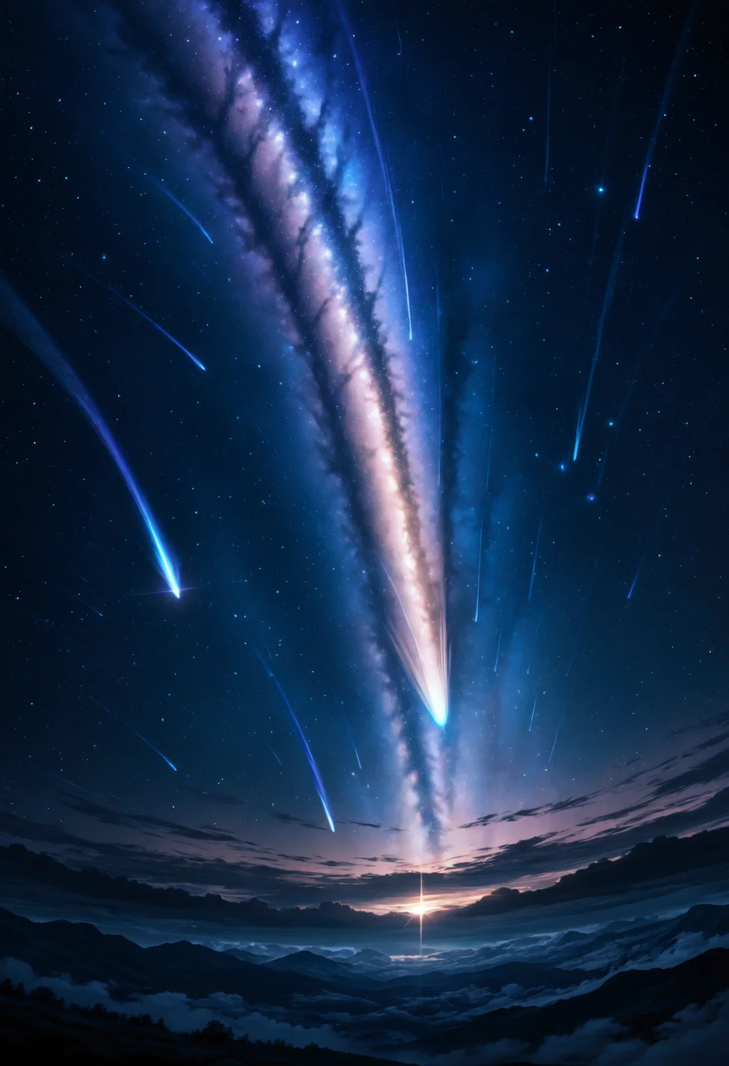 no human, scenery, comet, vibrant color, milky way, dark theme, diffraction spikes, masterpiece, best quality