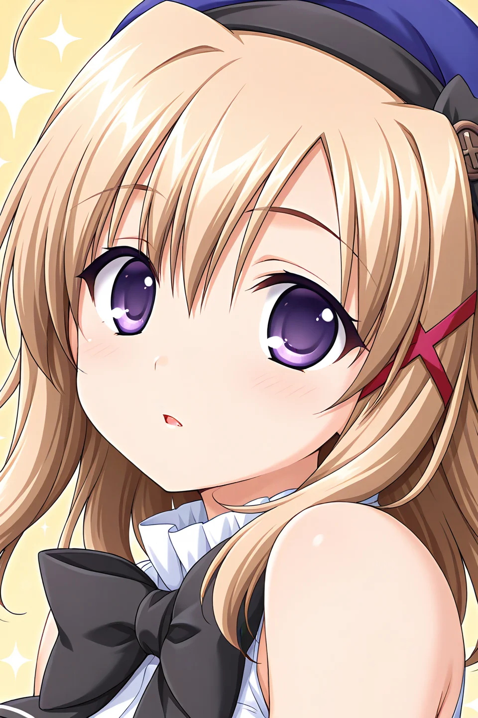 masterpiece, best quality, absurdres, official art, official style, general BREAK <lora:komatsuasuka_IL_v1-2:0.7>, komatsu asuka, 1girl, solo, purple eyes, light brown hair, long hair, hair between eyes, messy hair, hair ribbon, x hair ornament, small breasts, blush, looking at viewer, beret, close-up, upper body, open mouth, bare shoulders, portrait, parted lips, black bowtie, :o, sparkle, yellow background, school uniform, frilled shirt collar, white sleeveless, blue headwear, bare arms, hat ribbon, black ribbon, sleeveless shirt
