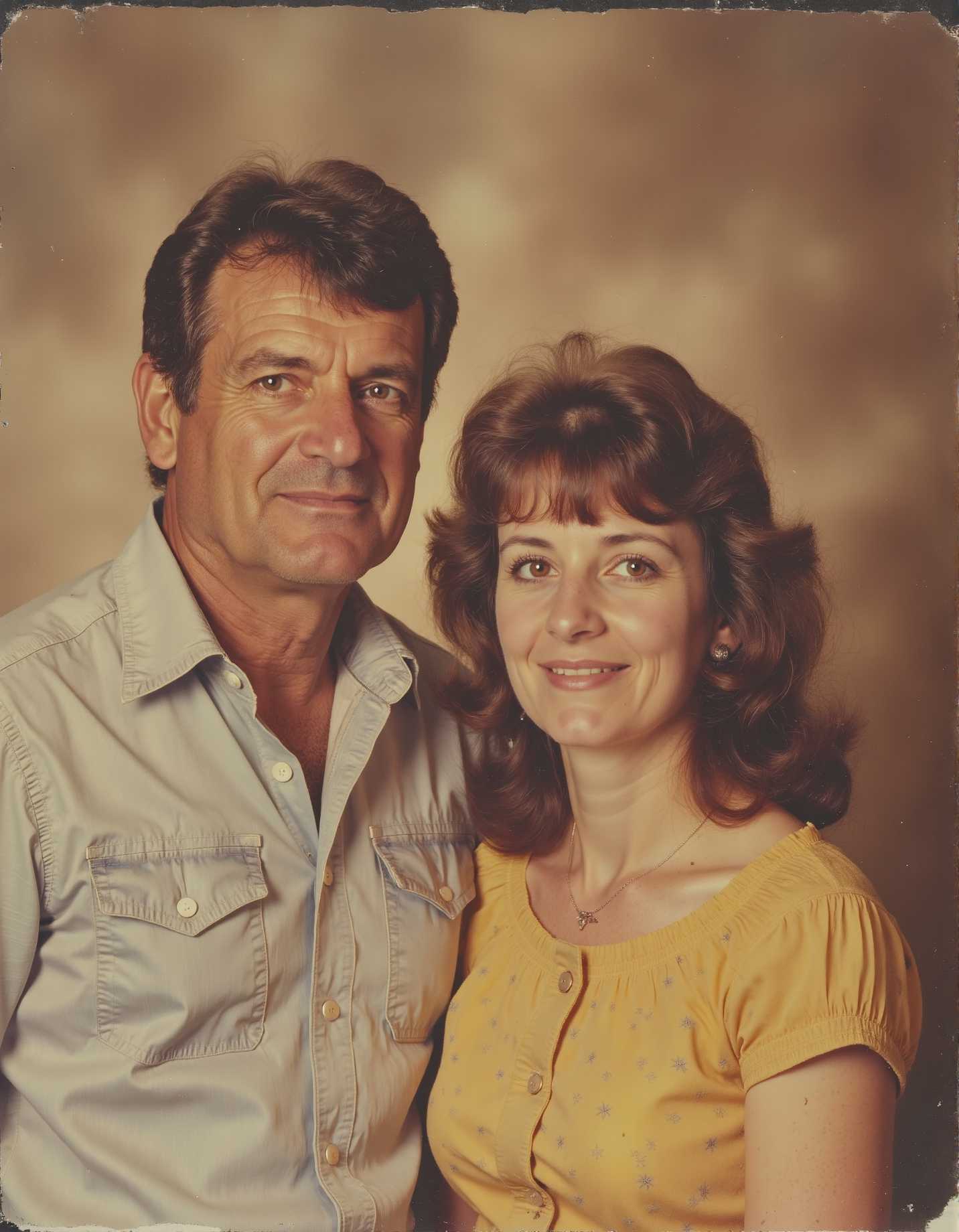 A family portrait of a man and woman that got taken at the mall with a cheesy backdrop. <lora:retrograde-80s:0.8> retr0grade80s