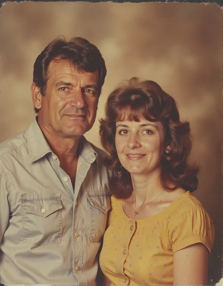 A family portrait of a man and woman that got taken at the mall with a cheesy backdrop. <lora:retrograde-80s:0.8> retr0grade80s