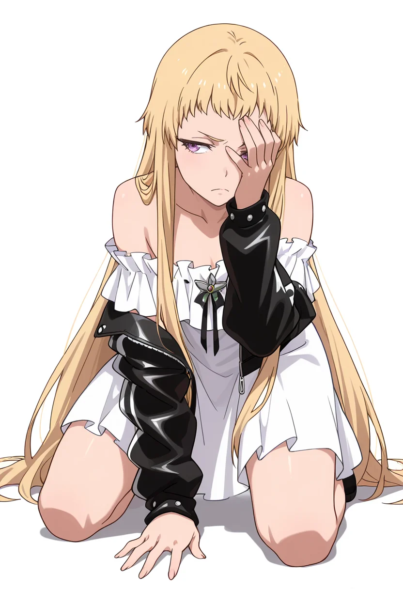Smooth Quality,masterpiece,very intricate, high quality details, ultra realistic, high detailed skin,detailed enviorement,absurdres,
simple background, white background,solo,
kneeling, one hand on ground, reaching forward, focused, tense, ,front view,facepalm,frown,
off-shoulder top, ,biker jacket, ,godet skirt, ,
<lora:Mariabell_Rosso_cnn:0.8> maricnn,1girl, long hair, blonde hair, purple eyes, frown, very long hair,
