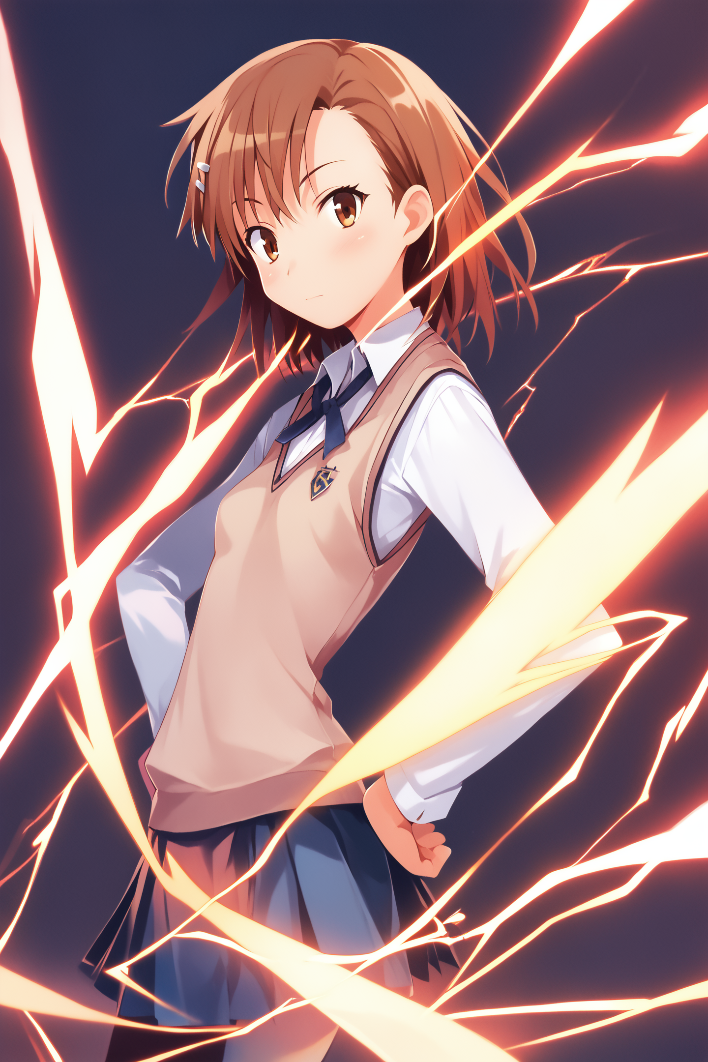 score_9,score_8_up,score_7_up,masterpiece,best quality,
1girl,solo,skirt,looking at viewer,brown hair,shirt,brown eyes,white shirt,misaka mikoto,long sleeves,collared shirt,breasts,sweater vest,closed mouth,small breasts,vest,dark background,electricity,standing,hand on own hip,
<lora:Keiji Yamamoto_XL_PONY:1.4>,