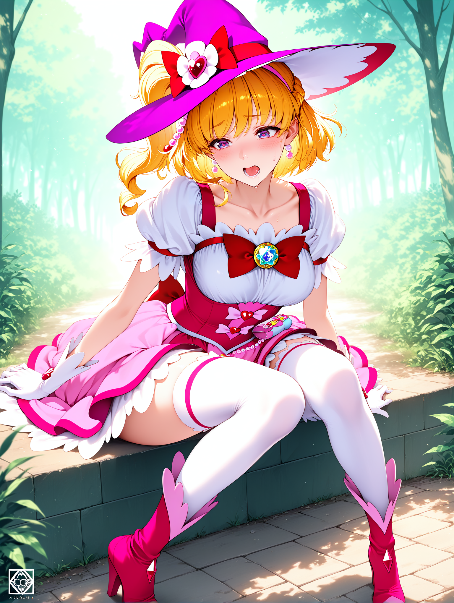 masterpiece, best quality, absurdres, amazing quality <lora:cfg_scale_boost:0.3> <lora:StS-Illustrious-Detail-Slider-v1.0:3> <lora:StS_Age_Slider_Illustrious_v1:3>,detailed_background,outdoors,white thighhighs,two-tone dress,hairband,purple eyes,artist logo,jewelry,boots,aegis \(theoryiv\),pearl earrings,blush,open mouth,witch hat,mahou girls precure!! mirai days,white gloves,high heels,corset,bow,gloves,long hair,solo,hat,precure,red bow,hair bow,logo,thighhighs,blonde hair,short sleeves,one side up,bowtie,pink footwear,smile,pink hat,high heel boots,magical girl,mahou girls precure!,red bowtie,cure miracle,copyright name,puffy sleeves,asahina mirai,brooch,earrings,pink hairband,puffy short sleeves,1girl