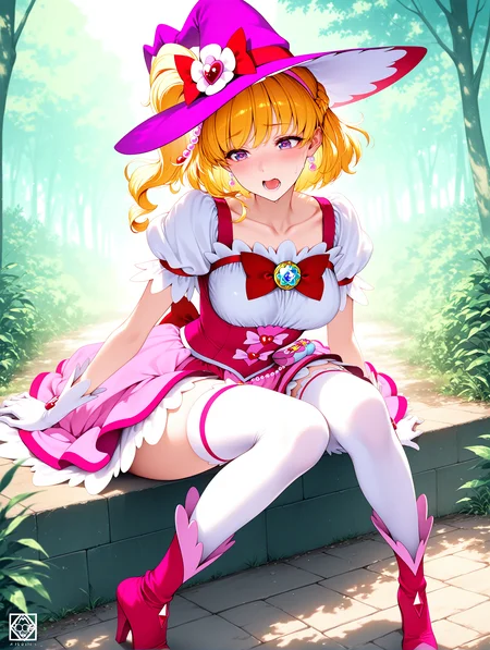 masterpiece, best quality, absurdres, amazing quality <lora:cfg_scale_boost:0.3> <lora:StS-Illustrious-Detail-Slider-v1.0:3> <lora:StS_Age_Slider_Illustrious_v1:3>,detailed_background,outdoors,white thighhighs,two-tone dress,hairband,purple eyes,artist logo,jewelry,boots,aegis \(theoryiv\),pearl earrings,blush,open mouth,witch hat,mahou girls precure!! mirai days,white gloves,high heels,corset,bow,gloves,long hair,solo,hat,precure,red bow,hair bow,logo,thighhighs,blonde hair,short sleeves,one side up,bowtie,pink footwear,smile,pink hat,high heel boots,magical girl,mahou girls precure!,red bowtie,cure miracle,copyright name,puffy sleeves,asahina mirai,brooch,earrings,pink hairband,puffy short sleeves,1girl