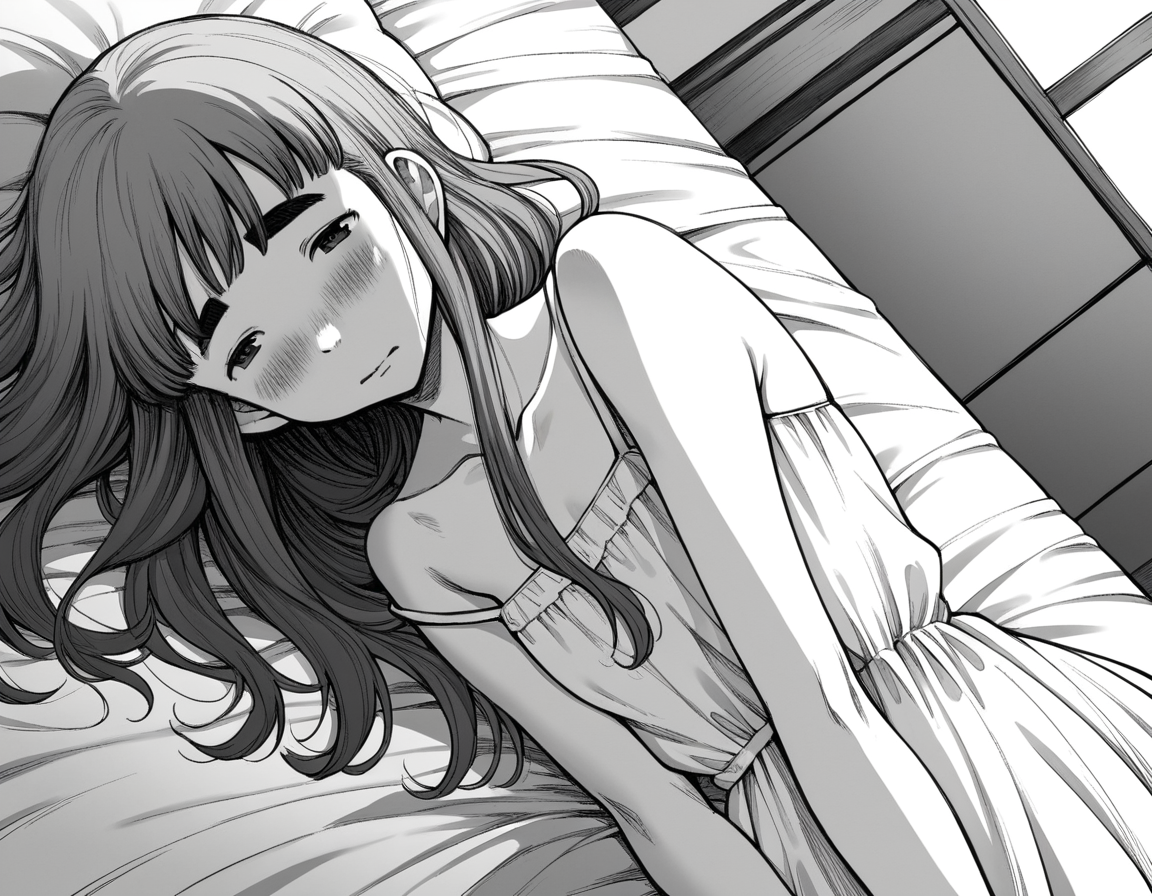 score_9, score_8_up, score_7_up, source_anime,
aikotanaka, <lora:aiko-tanaka-manga-ponyxl-lora-nochekaiser:1>,
aiko tanaka, long hair, bangs, thick eyebrows, blush, greyscale, monochrome,
dress, white dress, collarbone, bare shoulders, sundress,
indoors, bed, bed room, on side, blush, drunk,
looking at viewer, cowboy shot, solo, dutch angle,