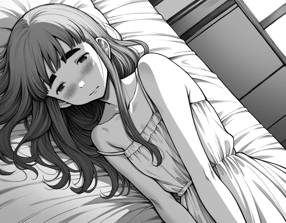 score_9, score_8_up, score_7_up, source_anime,
aikotanaka, <lora:aiko-tanaka-manga-ponyxl-lora-nochekaiser:1>,
aiko tanaka, long hair, bangs, thick eyebrows, blush, greyscale, monochrome,
dress, white dress, collarbone, bare shoulders, sundress,
indoors, bed, bed room, on side, blush, drunk,
looking at viewer, cowboy shot, solo, dutch angle,