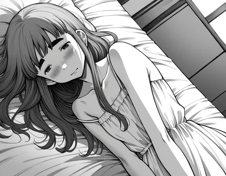 score_9, score_8_up, score_7_up, source_anime,
aikotanaka, <lora:aiko-tanaka-manga-ponyxl-lora-nochekaiser:1>,
aiko tanaka, long hair, bangs, thick eyebrows, blush, greyscale, monochrome,
dress, white dress, collarbone, bare shoulders, sundress,
indoors, bed, bed room, on side, blush, drunk,
looking at viewer, cowboy shot, solo, dutch angle,