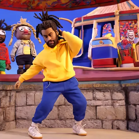 a photo of a cinematic still of rhwrld , dreads in a bun in the style of rbtchkn <lora:riiahworldxl:1> rhwrld <lora:jcoleXL:0.7> robot chicken, rbtchkn, robot chicken tv show, stop motion, depth of field , close up, wearing a yellow hoodie, wearing blue joggers, at a theme park