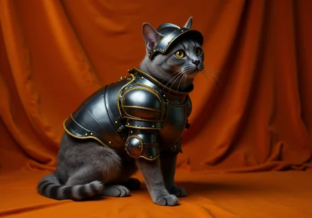 HFPA, Historical Full Plate Armor, The image is an oil painting of a grey British Shorthair cat dressed in medieval knight's suit of armor for cats, set against a dark orange, velvety fabric backdrop. The armor is made of polished black metal with golden trim, giving it a reflective, mirror-like finish. The suit is a full-body armor, covering the cat's torso, front legs, and back legs, with intricate details and rivets that give it a medieval, historical appearance, cat is wearing a historical helmet on its head, dramatic epic scene, mist and smoke, cinematic, dramatic lighting
<lora:Historical_Full_Plate_Armor-000007:0.8> <lora:FluxDFaeTasticDetails:0.6> <lora:detailed photorealism style v3:0.6>