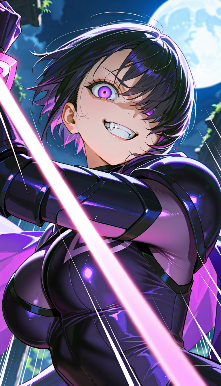 masterpiece, best quality, amazing quality, very aesthetic, high resolution, ultra-detailed, absurdres, newest, scenery, official art, 1girl, v-shaped eyebrows, face shadow, smug, (grin:1.2), crazy smile, fangs, teeth, wide-eyed, large breasts, short black hair with sideswept bangs, purple eyes, crazy eyes, empty eyes, hair over one eye, swinging glowing sword, detailed purple obsidian bodysuit, glowing purple cape, armored detailed purple gauntlets, overgrown stone temple, purple night sky with moon, fine fabric emphasis, dutch angle, from below, dynamic action pose, (face focus:1.2), close-up, portrait, upper body, looking at viewer, (speed lines, motion blur, motion lines, attack trail:1.3), fisheye, BREAK, eyes, hands, fingers, detailed eyes, masterpiece, best quality, amazing quality, very aesthetic, high resolution, ultra-detailed, absurdres, newest, scenery, depth of field, volumetric lighting