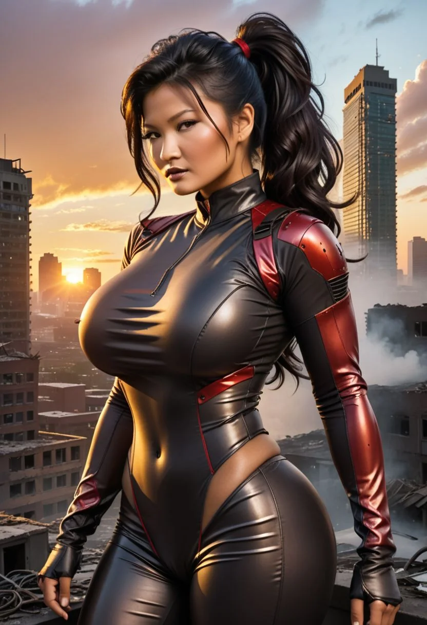 (( Kelly Hu with gigantic bulging breasts:1.4))), ((Cambodian woman)), ((heavy asian facial features)), ((eyes slanted)), brown eyes, muscular body, ((black straight hair)), (((long ponytail))), ((red streaks in hair)), ((long side bangs)), ((red highlights in bangs)), ((heavy asian facial features)), ((thick lips)), (((huge boobs))), (((tan skin))), golden skin, darkskin, ((thick legs)),, massive thighs,mega ponytail, big hair, slcn breasts BREAK small waist, 1girl, female, tactical black bodysuit, ((cleavage)), fishnet fabric layer under bodysuit, ((extreme skindentation from her torn clothes:1.4), (((gigantic breasts))), thicc figure, end of the world, (extra long curled eyelashes:1.6), (sunset apocalypse with an abandoned cyberpunk Boston in the background:1.4), (shards of glass:0.3), (books on earth:0.3), correct scale, BREAK, ,<lora:more_details:0.5>, OverallDetail, KodakPhotoMaybe, braless, Wearing <clothes that make sense with Braless>, covered , impressionistic realism, destruction, ruined, mssv breasts, csybgh