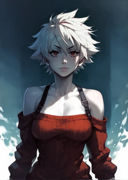 white skins, spiky red short tomboy hair, neutral expression, tight sweater, <lora:NAHIRI:1> nahiri, 1girl, solo, short hair, breasts, bare shoulders, white hair, colored skin, <lora:RD-MAnon-XLV1.1:1> female,, source_anime, score_9_up, score_7_up, score_8_up