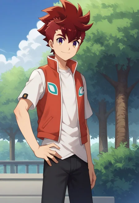 score_9, score_8_up, score_7_up, source_anime, highly detailed,
rekka, 1boy, male focus, solo, red hair, purple eyes, yellow eyes, looking at viewer, pants, hand on hip, shirt, standing, white shirt, smile, vest, jacket, spiked hair,
outdoor, sky, tree