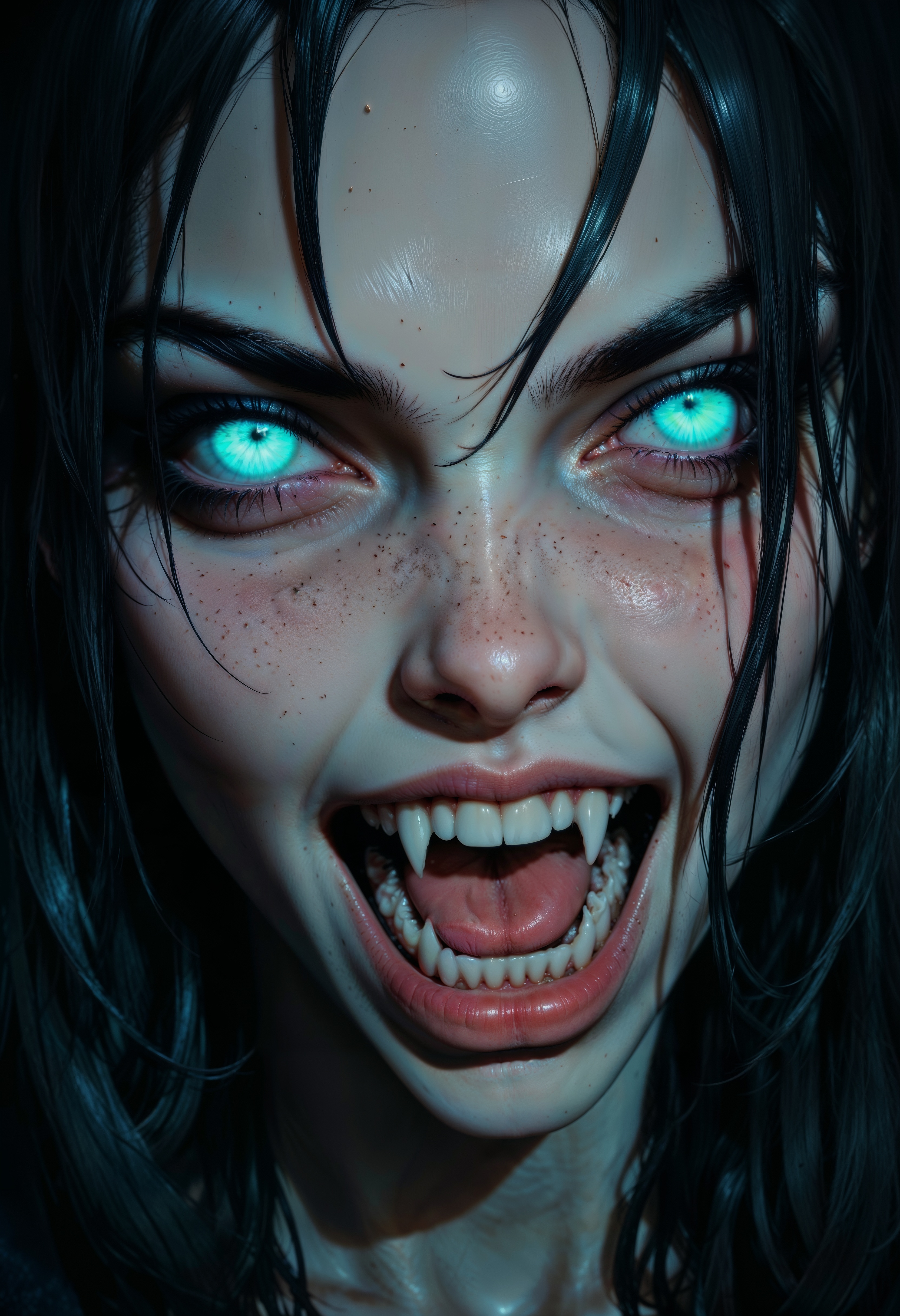 a close-up of a woman's face with an intense expression. Her skin is a pale, bluish hue, and her eyes are wide open with glowing, light blue irises. Her mouth is open in a scream, revealing sharp fangs. Her dark hair is wet and clings to her face, adding to the dramatic effect. The lighting is low, casting shadows that enhance the eerie atmosphere. The overall style is hyper-realistic with a focus on capturing the raw emotion and intensity of the subject's expression.