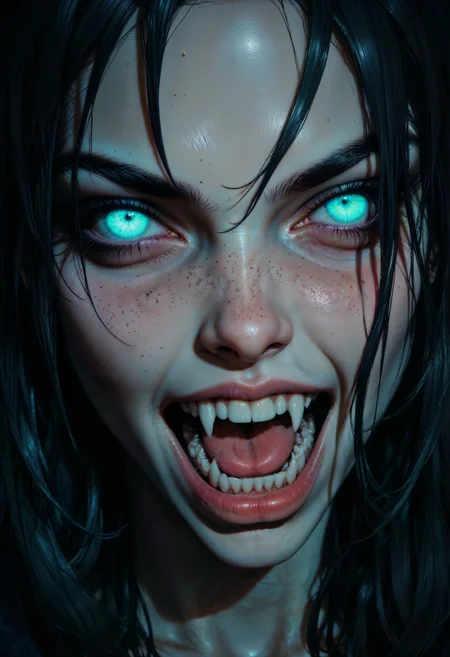 a close-up of a woman's face with an intense expression. Her skin is a pale, bluish hue, and her eyes are wide open with glowing, light blue irises. Her mouth is open in a scream, revealing sharp fangs. Her dark hair is wet and clings to her face, adding to the dramatic effect. The lighting is low, casting shadows that enhance the eerie atmosphere. The overall style is hyper-realistic with a focus on capturing the raw emotion and intensity of the subject's expression.
