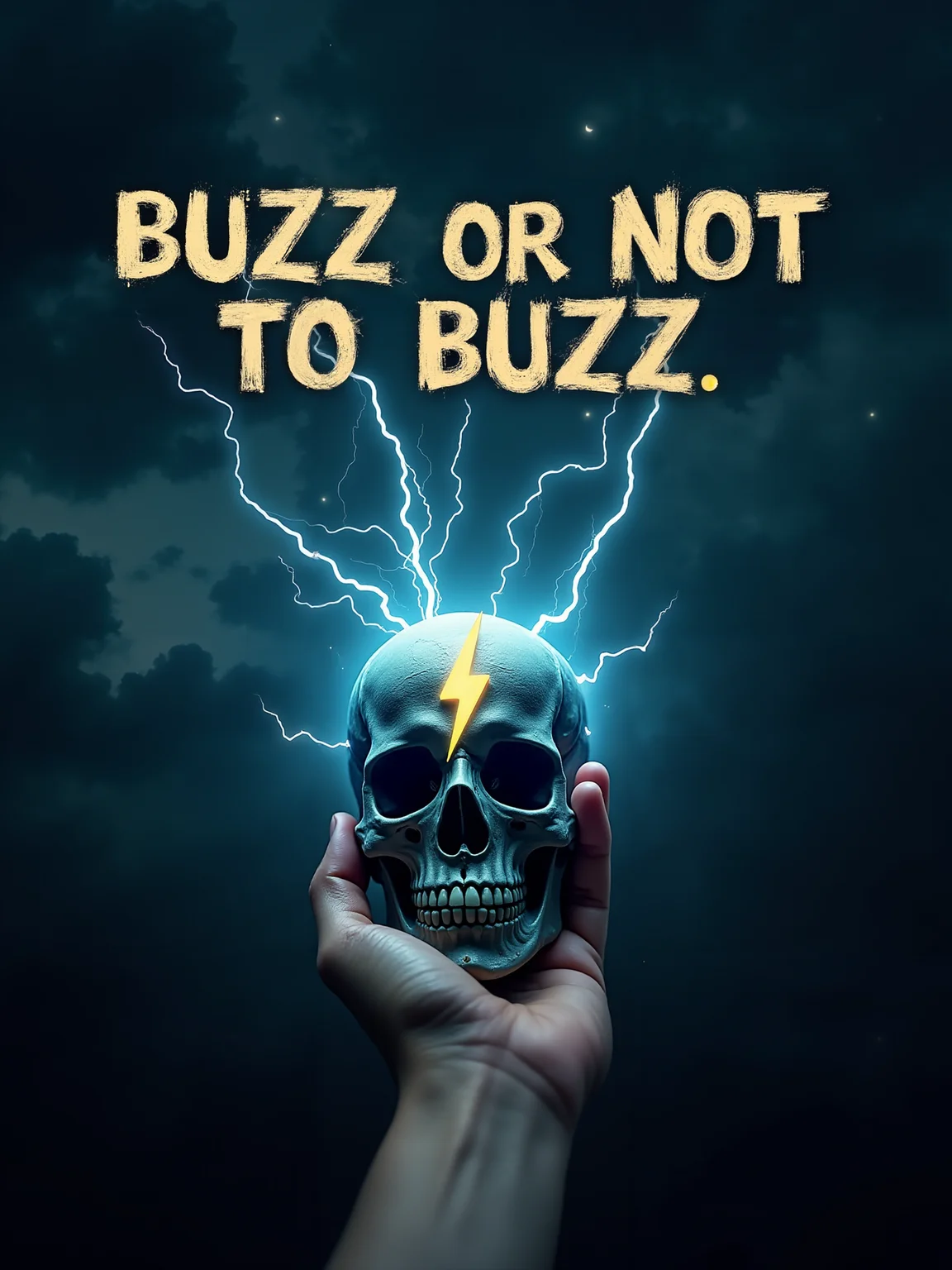 A Shakespearean-inspired scene set on a dark, stormy night, featuring a hand holding a glowing, electrified skull, reminiscent of Hamlet's iconic pose. The skull emits subtle blue lightning, crackling with energy. The phrase 'BUZZ OR NOT TO BUZZ' is displayed in a dramatic, old-English-style font above, as if pondering a powerful choice. A faint yellow thunderbolt symbol appears subtly on the skullâs forehead, symbolizing the inner energy and electrifying decision at hand. <lora:flux_hyperkraximalism-balanced:0.7>
