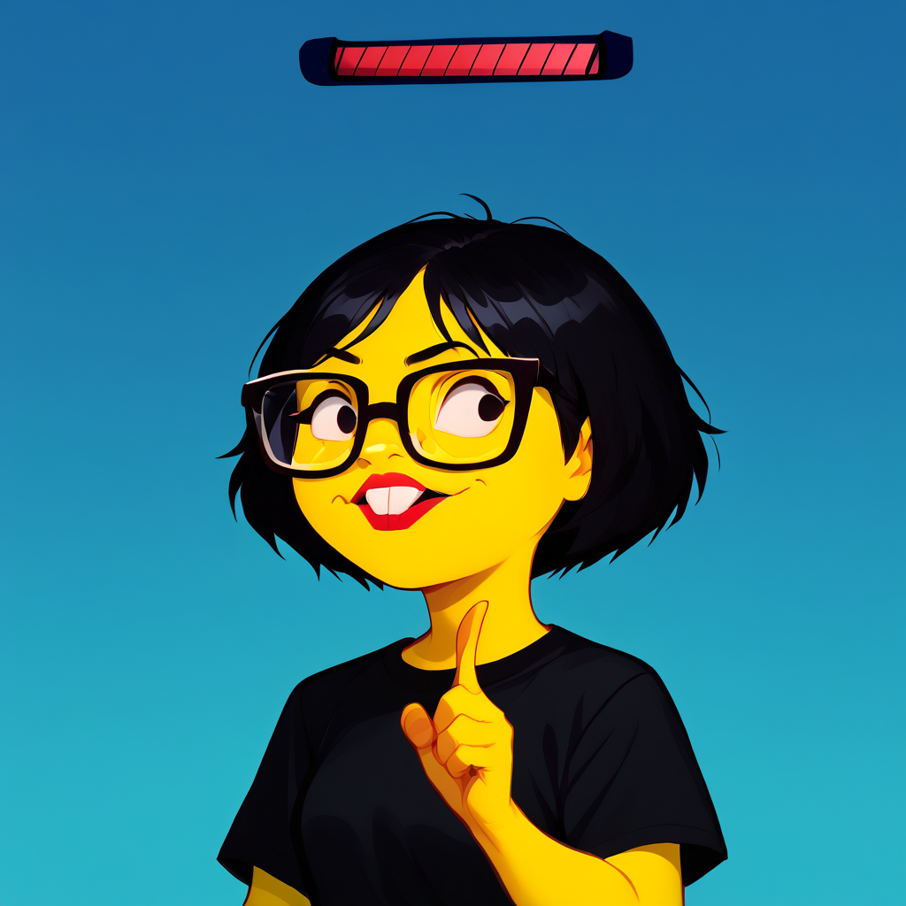 score_9_up, score_8_up, BREAK, NerdEmoji, 1girl, solo, black hair, short hair, buck teeth, yellow skin, glasses, black shirt, index finger raised, upper body,  <lora:NerdEmoji_PXL_Leaf1:1>, blue gradient background, HealthBar, Health Bar,  <lora:RedHealthBar_PXL_Leaf1:1>,