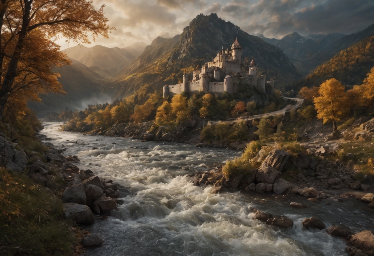 evening scene, closeup of a beautiful medieval fortress, winding path leads to entrance, fast-flowing river, sun setting over tall mountains in the distance, cinematic illustration, low angle, foaming river rapids, dramatic lighting, god rays, autumn forest, vibrant, masterpiece, full view, realistic photo, breath taking, sharp lens, wallpaper, highly detailed, 8k, photo realistic