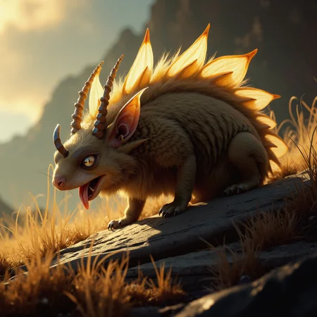 detailed atmospheric dark fantasy classical-style painting, award-winning macro photo, (short depth of field:1.2), (fractal art:0.9), in the thwindered and marvellous steppes of planet "slormslug prime", the (unusual diminutive:1.4) "vexed zummersnapper" with its thoggled (shimmering fur:1.3) and long coiled appendages harvests moisture from the engifronged air with (delicate translucent membranes:1.2), dry biome, (dappled sunlight:1.1)